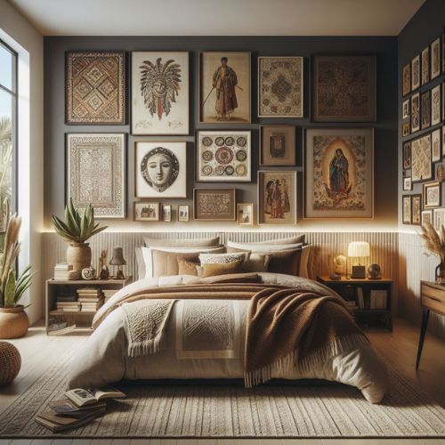 A modern Mexican bedroom sanctuary with plush duvets and pillows in earthy tones