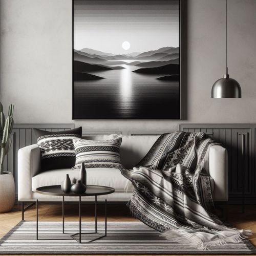 Sleek serape accents with monochromatic versions as throw blankets or wall art