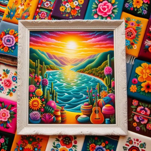 framing vibrant Mexican textiles as art pieces to add a burst of color and texture to any room