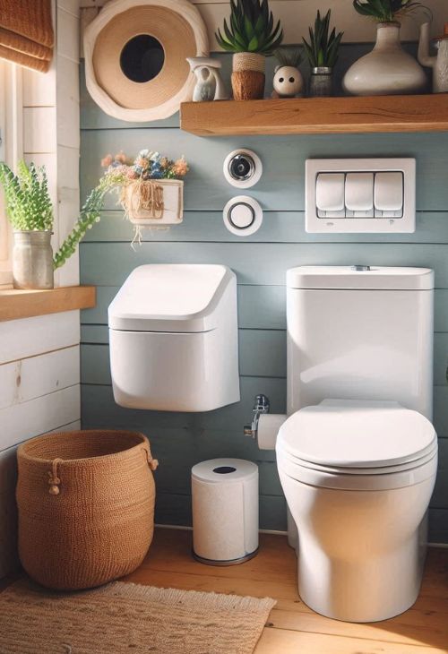 A very small bathroom featuring space-saving toilets with a slimmer design