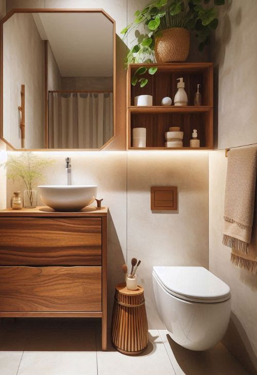 A very small bathroom with a minimalist custom-designed walnut vanity