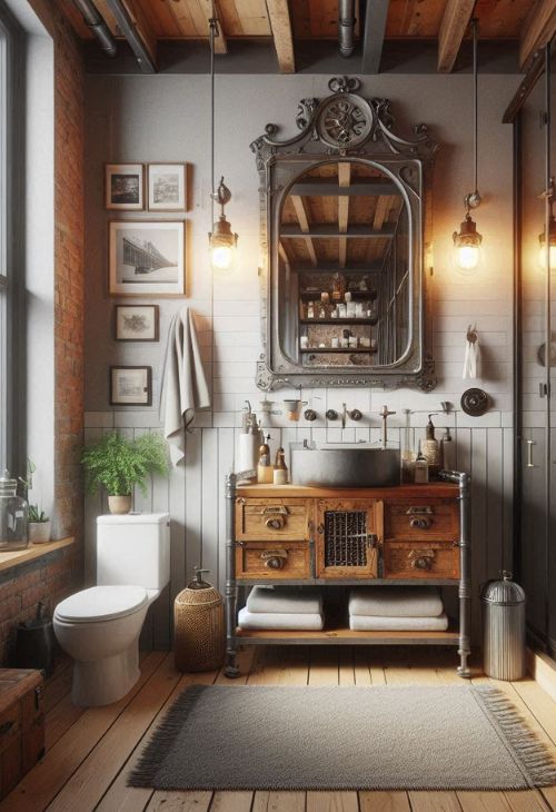 A very small bathroom with a zinc and wood vanity