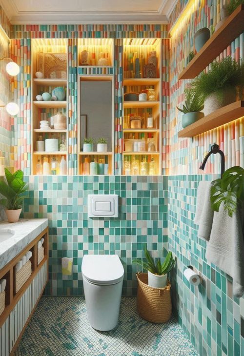 A very small bathroom with matchstick tile and marble countertops