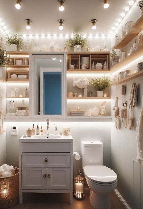 A very small bathroom with recessed lighting