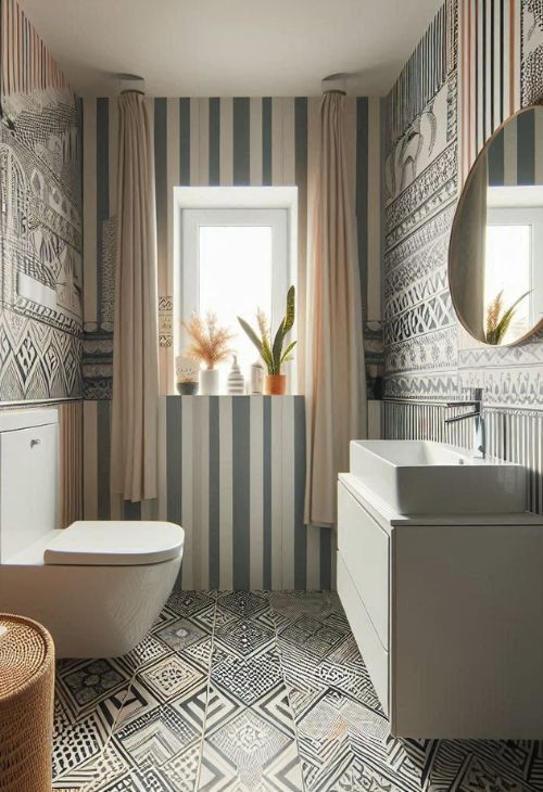 A very small bathroom with stripes for height or width