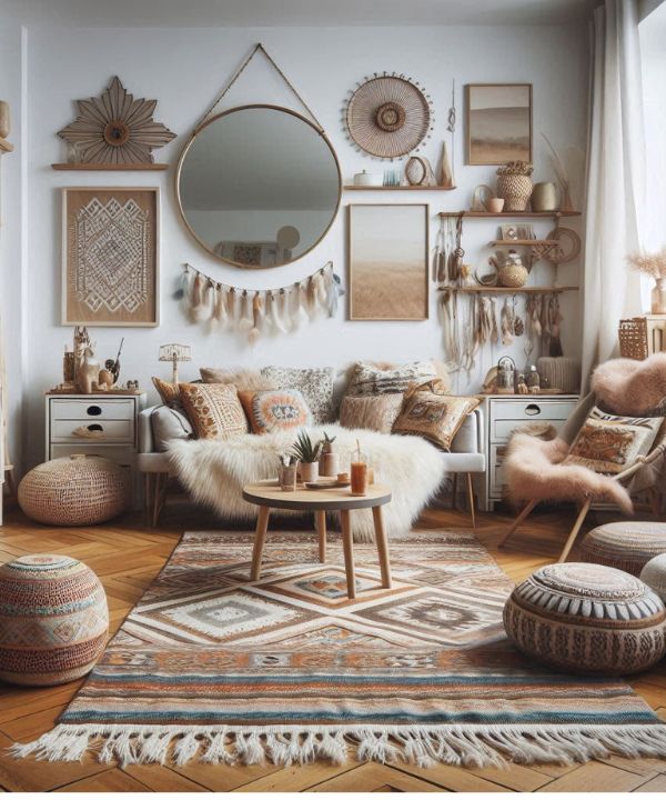 Boho living room in a small space with mirrors creating the illusion of space