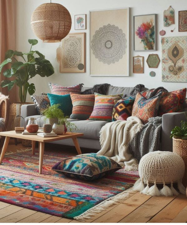 Boho living room with a grey couch, vibrant throw pillows, blankets