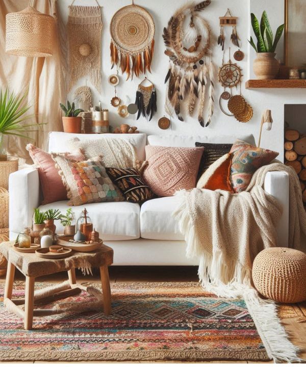 Boho living room with a white couch, colorful cushions
