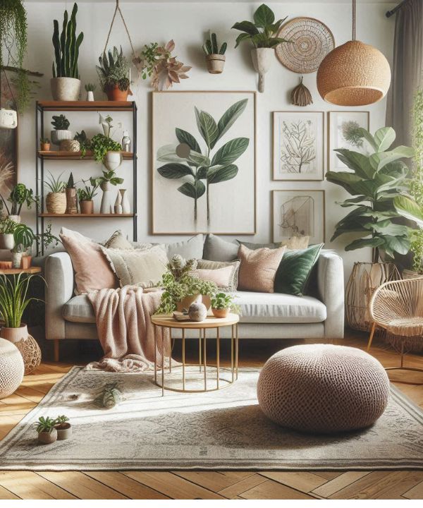Boho living room with greenery, spider plants