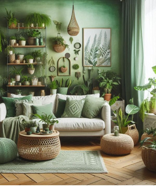 Boho living room with greenery
