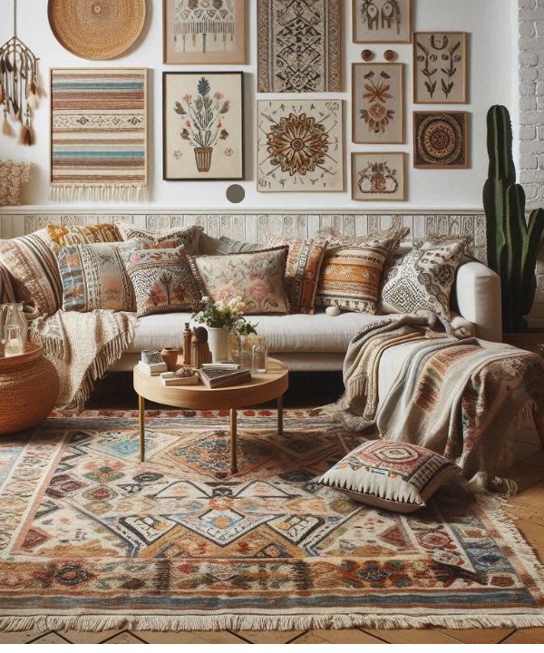 Boho living room with layered patterns
