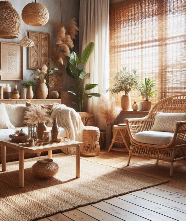 Boho living room with natural materials like jute rug