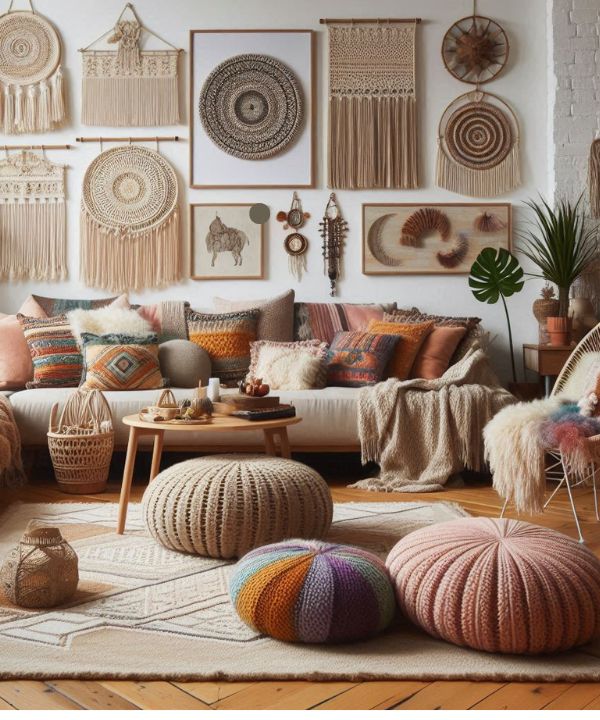 Boho living room with soft furnishings, plush rugs, knit throws, colorful cushions