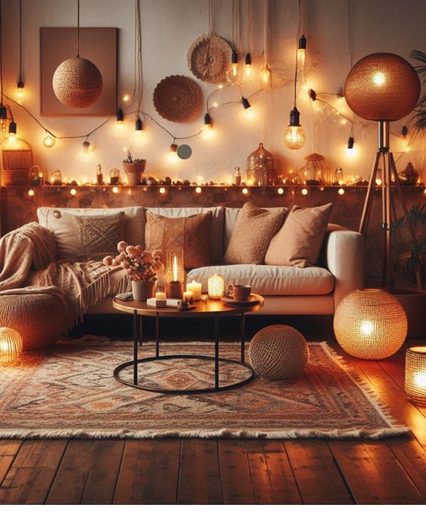 Boho living room with warm lighting