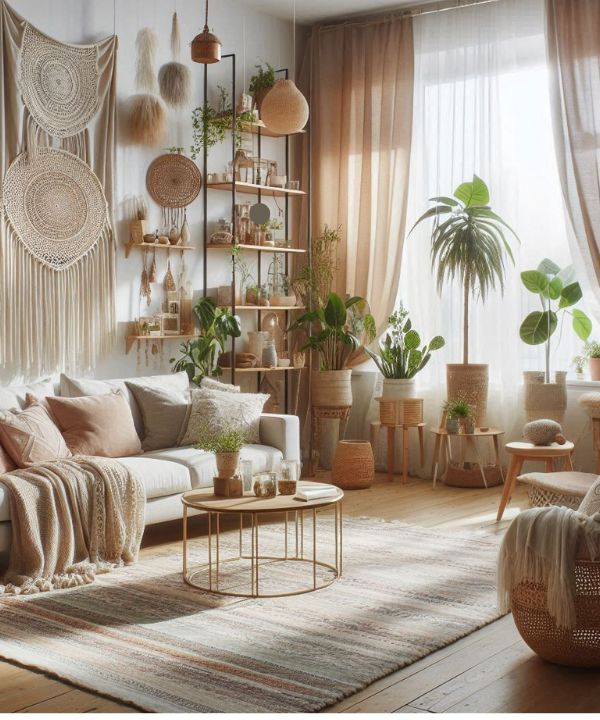 Boho style apartment living room with vertical storage solutions