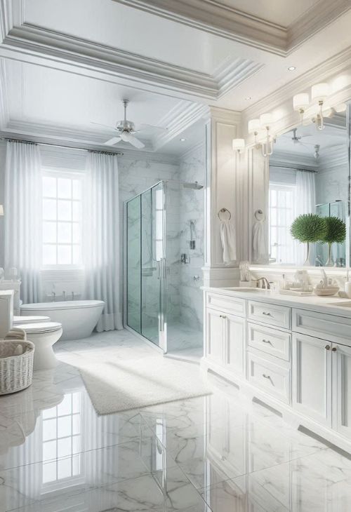 Bright and White Master Bathroom with a double vanity and porcelain tile