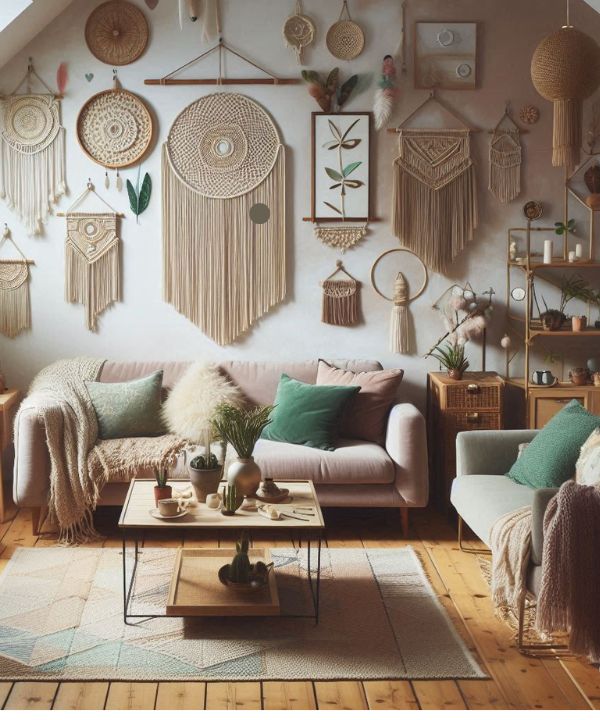 Budget-friendly boho living room with thrift store decor