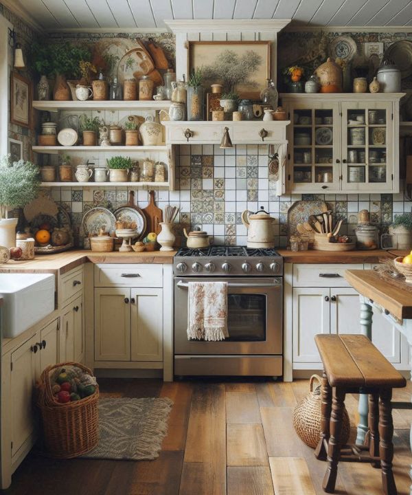 Budget-friendly farmhouse kitchen with repurposed old furniture and accessories