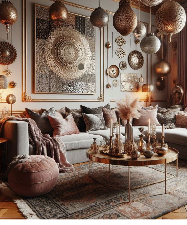Chic boho living room with luxurious textiles like velvet or silk
