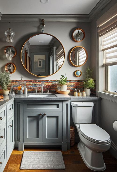 Classic Powder Bathroom Remodel with gray cabinets and multicolored countertops