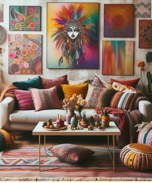 Colorful boho living room with bold hues