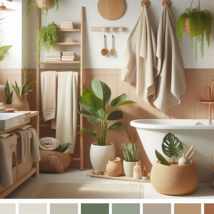 Colour Scheme Ideas for a small bathroom accessorized with indoor plants and sustainable linens