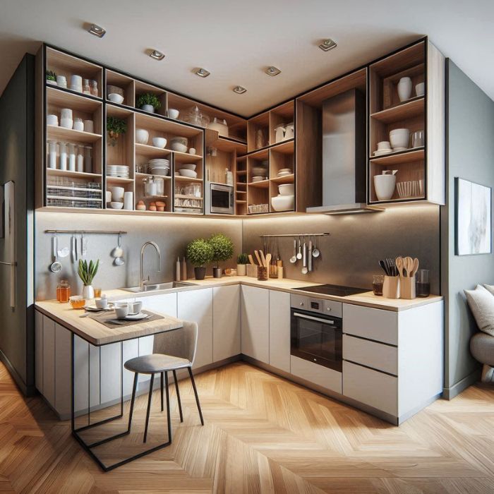 Compact L-Shaped Layout kitchen maximizing space with efficient use of corners