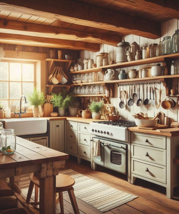 Country farmhouse kitchen with wooden beams