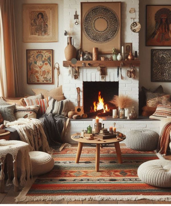 Cozy boho nook around a fireplace with comfortable seating in a semi-circle