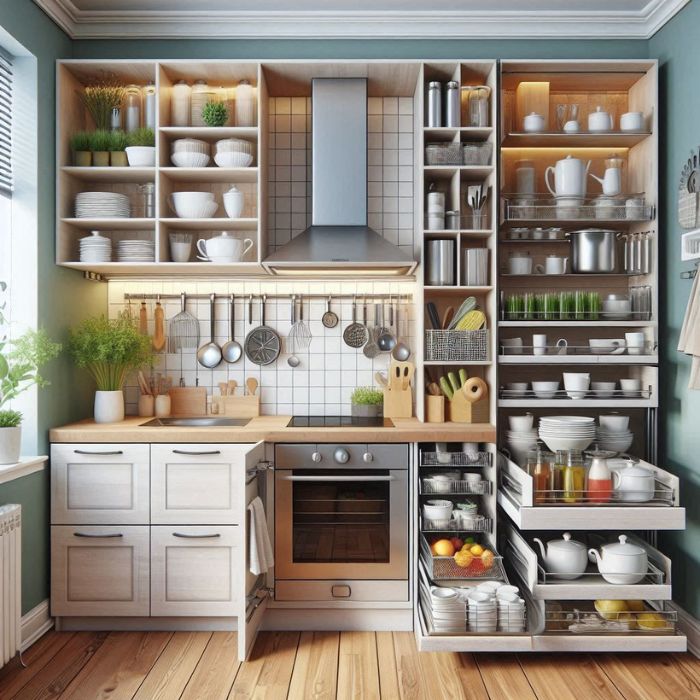 Creative Storage Solutions for Very Small Kitchen with pull-out shelves