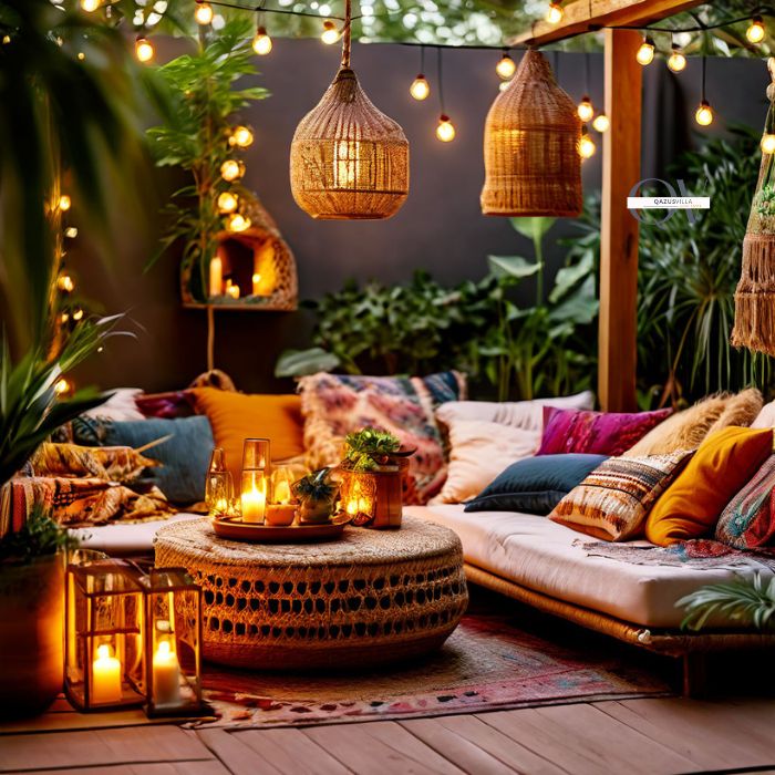 Decor And Accessories: a boho patio with string lights for a warm glow