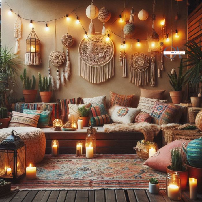 Decor And Accessories: a boho patio with string lights for a warm glow