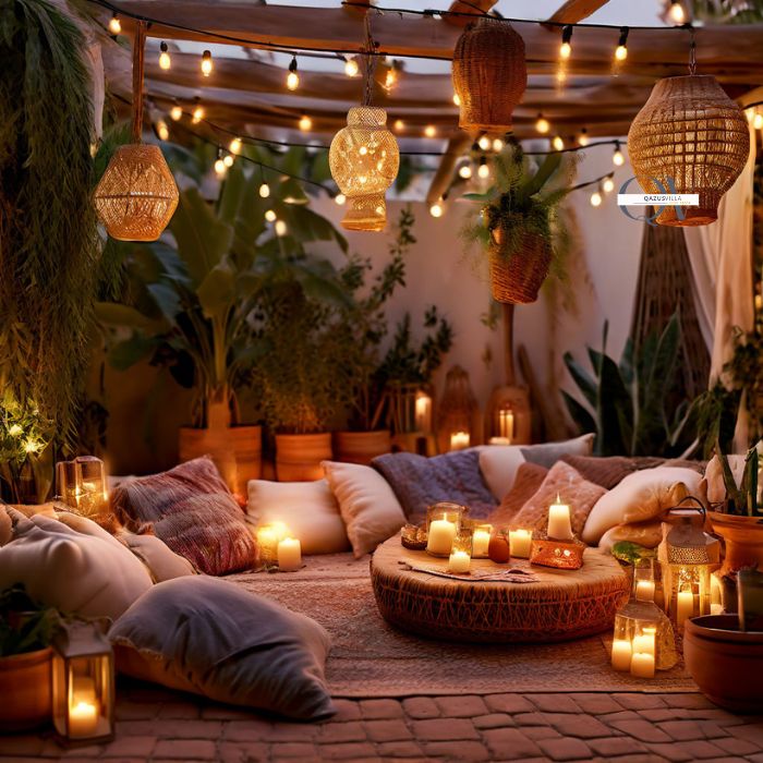 Decor And Accessories: a boho patio with string lights for a warm glow