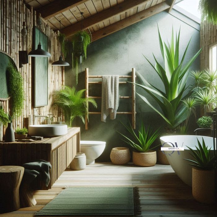 Designing With Nature In Mind green bathroom rustic touch wood stone bamboo natural ambiance low-maintenance plants aloe vera spider plants humid conditions tranquil oasis beauty of nature