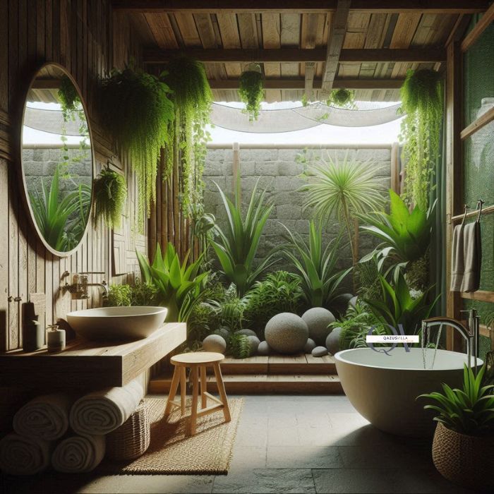 Designing With Nature In Mind green bathroom rustic touch wood stone bamboo natural ambiance low-maintenance plants aloe vera spider plants humid conditions tranquil oasis beauty of nature