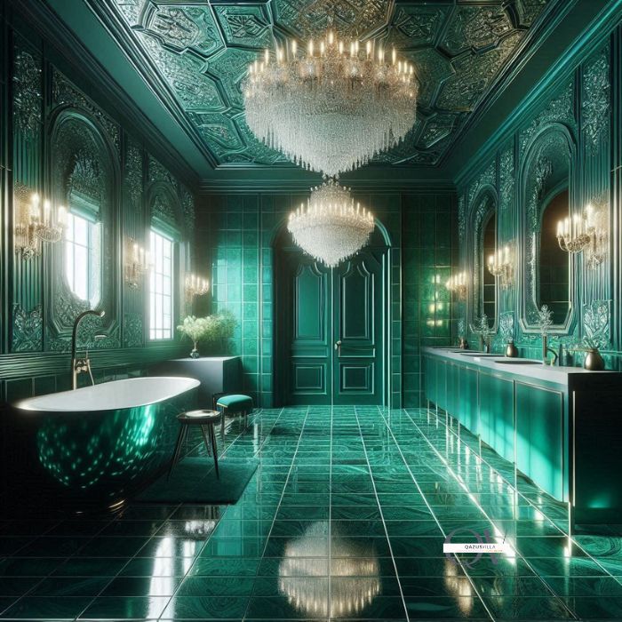 Emerald Green Tiles luxurious vibrant bathroom dramatic focal point luxury opulence durable material wet areas showers backsplashes reflective finish natural light sparkling effect classic modern vintage contemporary styles