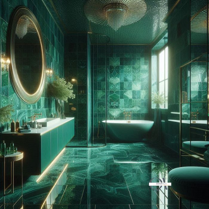 Emerald Green Tiles luxurious vibrant bathroom dramatic focal point luxury opulence durable material wet areas showers backsplashes reflective finish natural light sparkling effect classic modern vintage contemporary styles