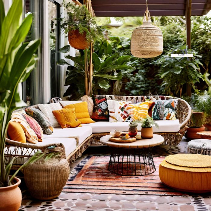 Create realistic image of Essential Elements Of A Boho Patio

When designing a boho patio, it's important to mix textures and patterns to create an eclectic and inviting space. Incorporating natural elements adds a touch of organic beauty to the overall design. Consider using a variety of materials such as rattan furniture, macrame plant hangers, and woven rugs to add texture and interest to the patio. Mixing patterns can be done by choosing cushions, throw pillows, and outdoor rugs with bold prints and colors. Don't be afraid to combine different patterns together, as the boho style is all about embracing a free-spirited and unconventional look. To incorporate natural elements, include potted plants, hanging planters, and natural materials like wood and stone. These elements will bring a sense of tranquility and harmony to your boho patio.
  Main Topic Is " Boho Patio Ideas"