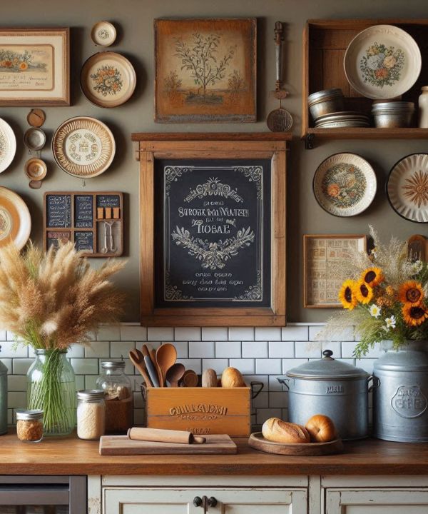 Farmhouse kitchen decor with vintage plates on the wall