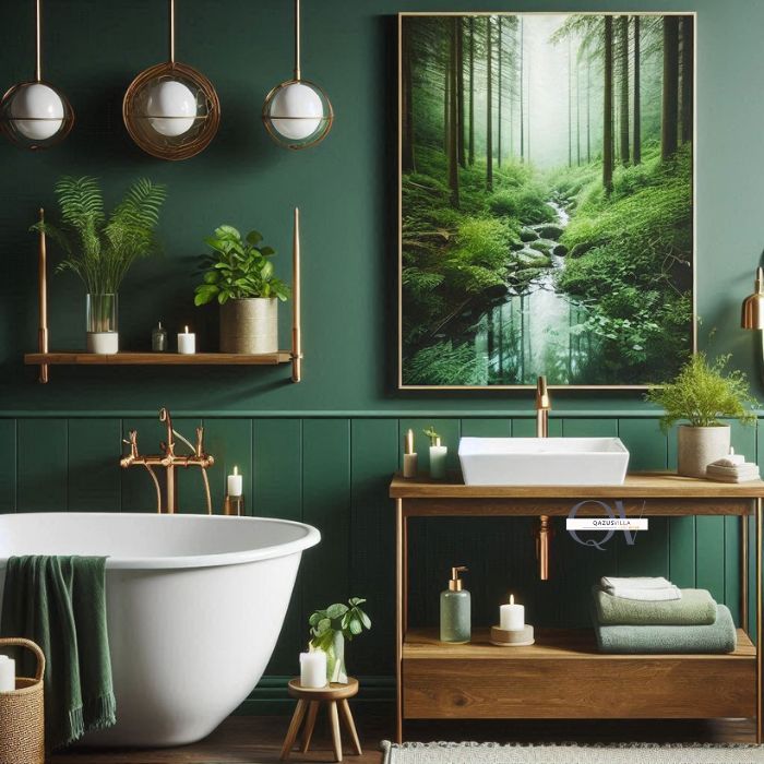 Forest Green Features bathroom deep forest hues nature-inspired sanctuary rich color natural vibe cozy ambiance bold statement versatile design wood brass white accents