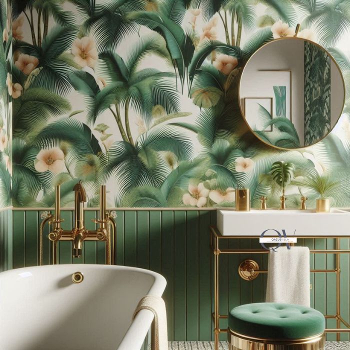 Green Palm Print Wallpaper retro glamorous touch small bathrooms bold patterns tropical feel easy to install complementary accents gold brass fixtures playful elegance