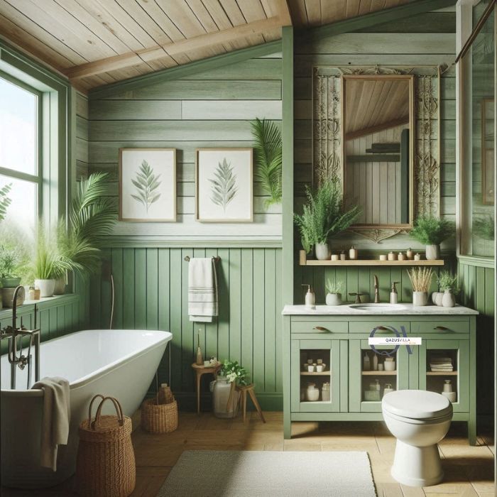 Green Shiplap Walls modern farmhouse bathroom rustic charm vertical lines soft color versatile style warm inviting