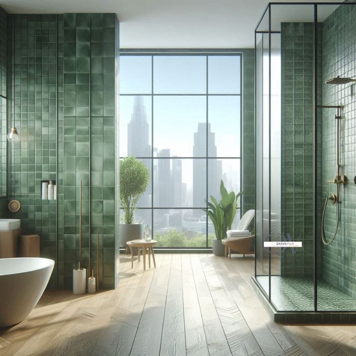 Green Tile Half Wall privacy style glass showers cohesive look matching wall tiles easy maintenance water-resistant contemporary edge traditional bathrooms light enhancement