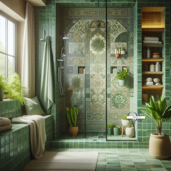 Green Tile Half Wall privacy style glass showers cohesive look matching wall tiles easy maintenance water-resistant contemporary edge traditional bathrooms light enhancement