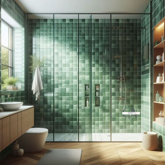 Green Tile Half Wall privacy style glass showers cohesive look matching wall tiles easy maintenance water-resistant contemporary edge traditional bathrooms light enhancement