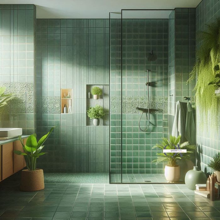 Green Tile Half Wall privacy style glass showers cohesive look matching wall tiles easy maintenance water-resistant contemporary edge traditional bathrooms light enhancement