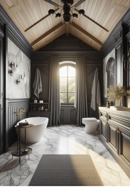 Luxury Farmhouse Bathroom with black cabinets and a marble floor, designed to bring a touch of elegance and a luxurious feel to very small bathroom spaces