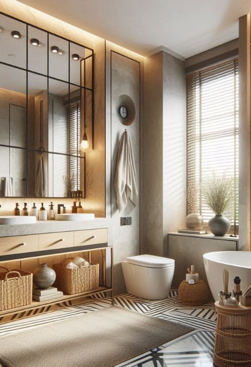 Modern Traditional bathroom with a mix of natural stones and antique silhouettes for a contemporary twist on classic design