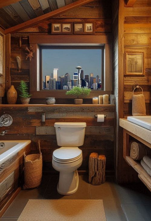 North Seattle Guest House bathroom with distressed wood and piping for a rustic look