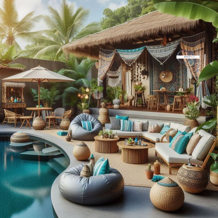 Poolside Boho Retreat: a lounge area with waterproof bean bags and outdoor sofas